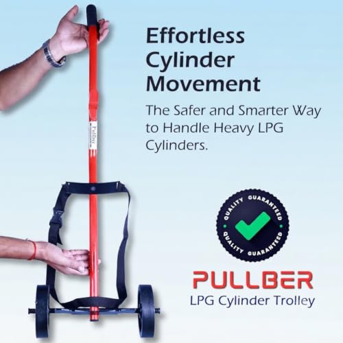 Image of Heavy-Duty Gas Cylinder Trolley with 90cm Long Handle | Step-Climbing Design & 13cm Large Wheels | Metal Bracket with Safety Belt Lock | Trolley Suitable for Home cylinders only.