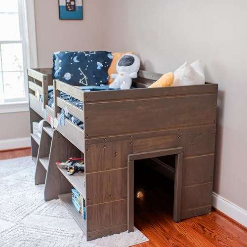 Max & Lily Modern Farmhouse Low Loft Bed, Twin Bed Frame for Kids with 2 Bookcases, Driftwood - Thumbnail 5
