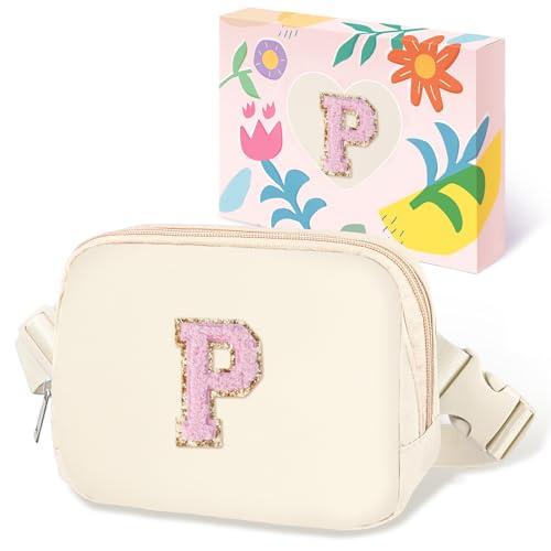 Image of COSHAYSOO Valentines Birthday Initial Gifts for Women Teen Girls 5 6 7 8 9 10 11 12 13 14 Year Old Ivory Fanny Pack for Girls Belt Bag Crossbody Travel Purse Unique Trendy Cute Stuff Chenille Letter P