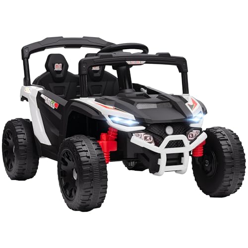 AIYAPLAY Coche Eléctrico para Niños 12V, Coche de Batería UTV con 2 Motores, Control Remoto 2,4G, 3 5 km/h, Suspensión Trasera, Faros, Música, para Niños de +3 Años, Blanco
