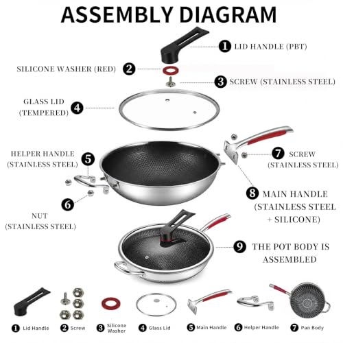 12.6" Lake Tian Tri-Ply Chemical Free Laser Etched Honeycomb Nonstick Stainless Steel Wok Pan w/ Glass Lid - image 3