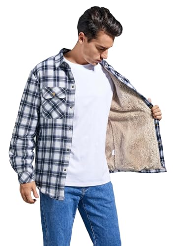 Image of Men's Sherpa Cotton Flannel Shirt Jacket Plaid Button Coat Pocket