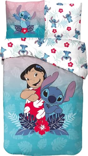 Parure de Lit Stitch pour Enfant, Housse de Couette Disney Réversible 140x200 cm, Taie d'oreiller 63x63 cm, 100% Coton (Parure de lit Lilo &amp; Stitch Disney)