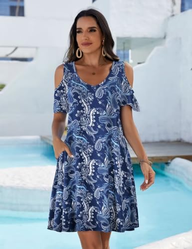 Image of JollieLovin Womens Plus Size Short Sleeve Cold Shoulder V Neck T-Shirt Dress with Pockets
