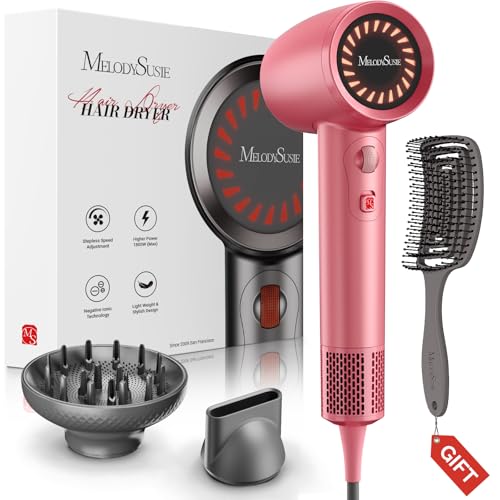 MelodySusie Hair Dryer with Diffuser, 1600W Fast Drying Low Noise Ionic Hair Dryer for Curly Hair with Diffuser,Nozzle and Hair Brush,120,000 RPM Blow Dryer Ideal for Women