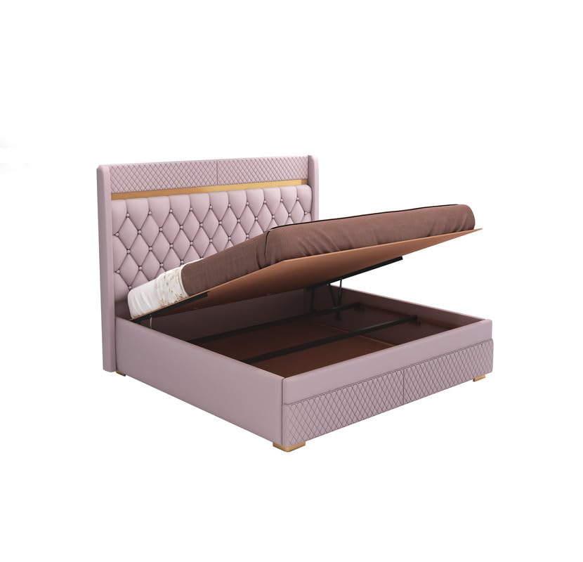 Image of MAMTA DECORATION Solid Wood Queen Size Bed with Hydraulic Box Storage | Premium Velvet Upholstered Tufted Headboard Double Bed |Wooden Cot Bed for Bedroom, Home, Hotel & Guest Room|Light Purple Finish