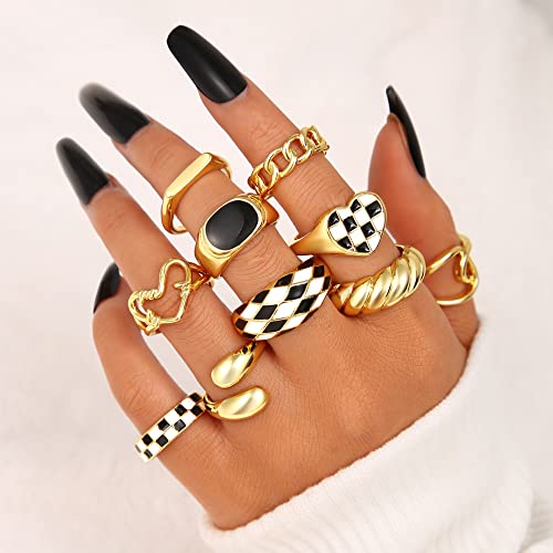 Faxhion 10Pcs 18K Gold Chunky Rings For Women Girls, Gold Plated Twisted Rings Set Pack Stackable Knuckle Midi Rings Adjustable Open Ring Band Statement Jewelry #TOP2