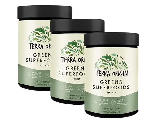 TERRA ORIGIN Greens Powder for Immune Defense and Digestive Support | with Spirulina, Probiotics, Organic Vegetables, Digestive Enzymes | Non-GMO | 90 Servings (Three 30 Serving Tubs) | Mint Flavor