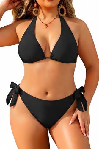 Image of Women Plus Size Bikini Set Two Piece Sexy Swimsuit Tie Side Halter Bathing Suits
