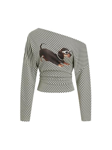 CIDER Striped One Shoulder Dog Print Long Sleeve Top Trendy Tee Shirt