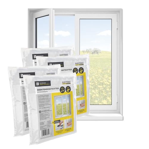 EASYmaxx Fliegengitter Fenster | Moskitonetz, Montage ohne Bohren | zuschneidbarer Insektenschutz Fenster bis 130 x 150 cm | Mückenschutz | Fliegennetz Klettband selbstklebend [4 Stück]