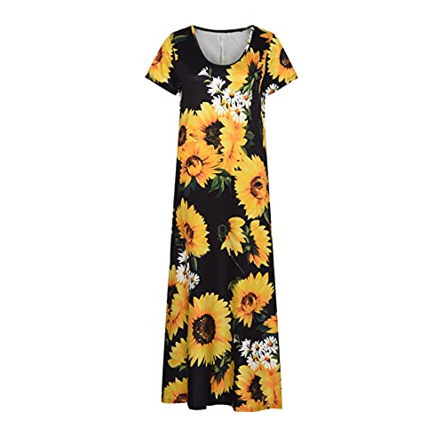 W-348 Vestido estampado floral com girassol amarelo mostarda para mulheres outono verão manga curta