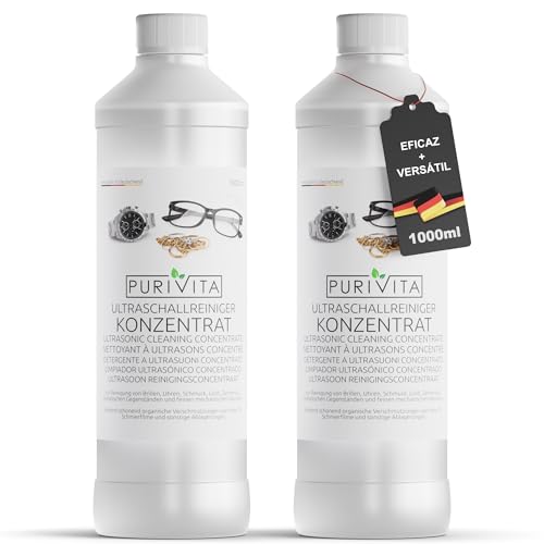 PURIVITA® Universale Liquido para Ultrasonidos Limpieza [2x1L] - Limpiador Ultrasónico - Ultrasonic Cleaner - Liquido Maquina Ultrasonidos para Plata, Gafas, Dentaduras Postizas & Joyas