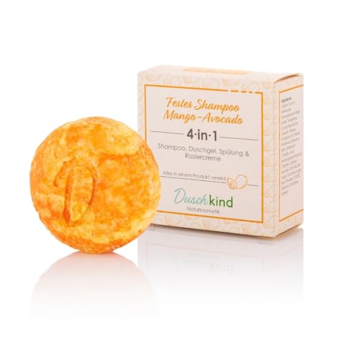 Duschkind Shampooing solide Cosmétique Naturkosmetik Mangue Avocat Gel douche solide & Conditionneur & Crème à raser Vegan Formule 1 pièce 56 grammes pour cheveux normaux&bouclés Emballage recyclable