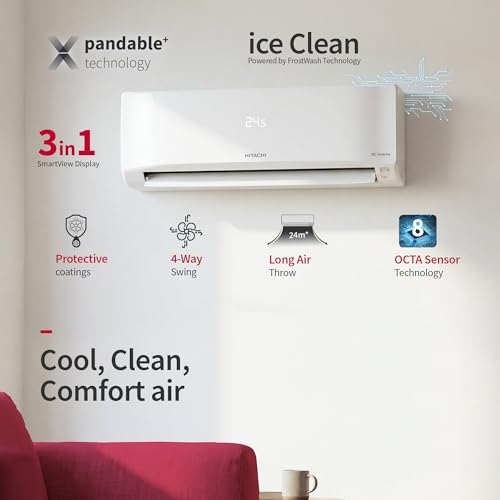 Image of Hitachi 1 Ton 5 Star, New Star rated, Inverter Split AC (Copper, Smart View Display, ice Clean, 4 Way Swing, Anti-Bacterial Filter,RAS.V512PCDIBT, White)