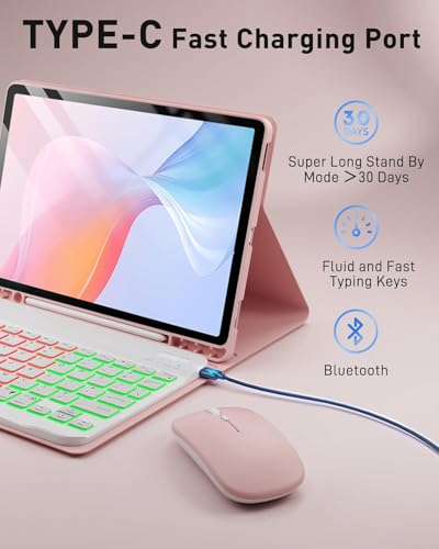Image of Case with Keyboard for Samsung Galaxy Tab A11+ (Plus) 2025 | 7 Color Rainbow Backlight Detachable Keyboard with Mouse for Tablet A11+ SM-X230 SM-X235 SM-X236B, Pink