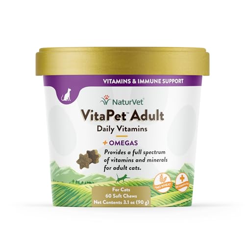 NaturVet VitaPet Adult Daily Vitamins Plus Omegas for Cats, 60 ct Soft Chews, Made in The USA with Globally Source Ingredients