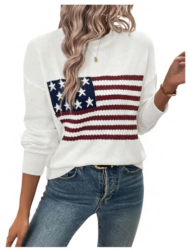 SweatyRocks Womens American Flag Print Long Sleeve Sweater Casual Loose Knit Round Neck Pullover Top White Small