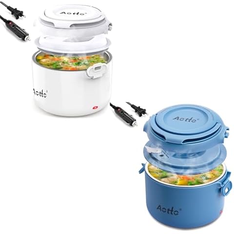 Aotto Electric Lunch Box Portable Food Warmer and Heater White and Blue Cover