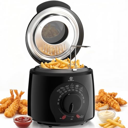SUPERLEX Friteuse mit Fett 1L Elektrische 950W Kompakte Mini Fritteuse Öl mit Temperaturregelung Edelstahl Filter für Knusprige Pommes Frites Hähnchen Fisch Snacks für Küche Haushalt Gastronomie