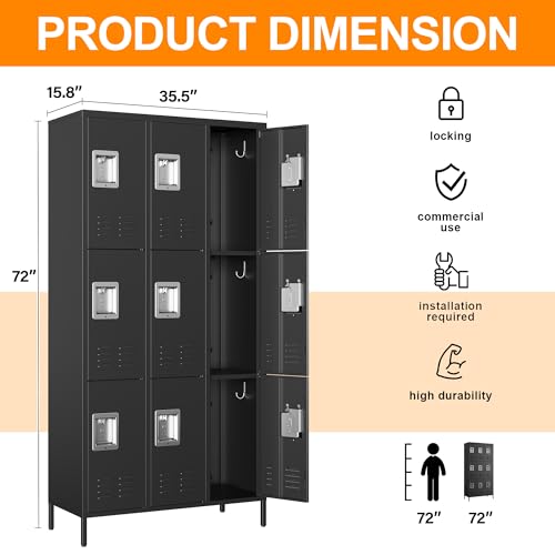 Image of Metal Locker with 9 Doors Employees Locker, Metal Storage Locker with Hooks, 71 inch Storage Cabinet Lockers for Employees, Home, Office, Gym Requires Assembly (9 Doors, Black)