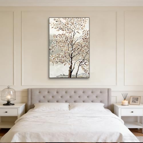 Image of Framed Abstract Tree Wall Art, 24 x 36 Inch Modern Birch Landscape Canvas Print, Neutral Beige Brown Painting Decor for Living Room Bedroom Office