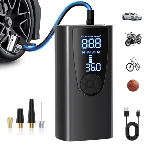 Tragbar Elektrische Luftpumpe Fahrrad Akku Kompressor 6000mAh - 150PSI Kabellose Fahrradpumpe Luftkompressor mit Digital Pressure Gauge Dual Display LED Licht for Auto Fahrrad Motorrad Bälle