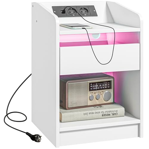 HOMCOM Mesita de Noche Mesilla de Noche con Luces LED Mesa de Noche con Cajón Estante Puertos USB Estación de Carga y Mando a Distancia 40x40x58 cm Blanco