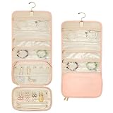 MAYJOYDIY Rosa Faltbares Reise Schmucketui 19.5×25.5cm Großes Fassungsvermögen Hängerolle Aus Polyester Mit Reißverschlusstaschen Halsketten Ohrringe Armbänder Tragbare Reiseutensilien