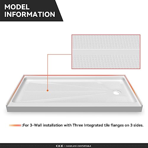 CKB 60 in. L x 36 in. W Single Threshold Shower Base, Right Drain Shower pan with Slip Resistant Textured Surface, White Acrylic Shower Base