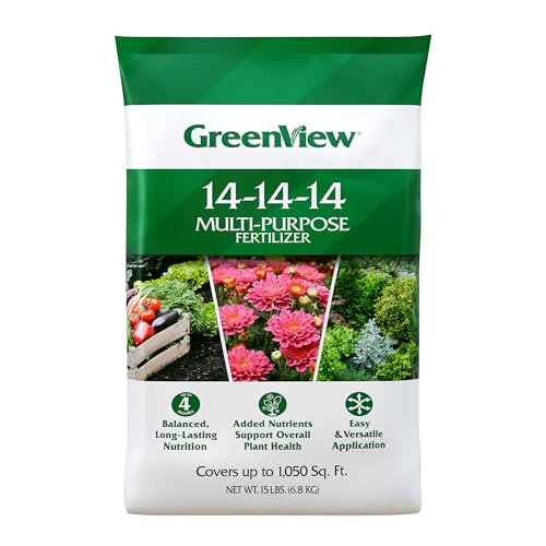 GreenView Multi-Purpose Fertilizer NPK 14-14-14; 15 lb. Bag - Plant Food Feeds Vegetables Flowers Trees and shrubs for up to 4 Months - Covers up to 1 050 sq. ft.
