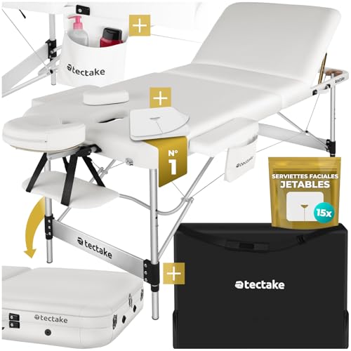 tectake® Table de Massage Pliante Professionnelle 3 Zones Aluminium Cosmetique Lit de Massage Table Esthetique Tatouage Portable avec Appuie-tête Amovible Repose Bras, Housse de Transport Incluse