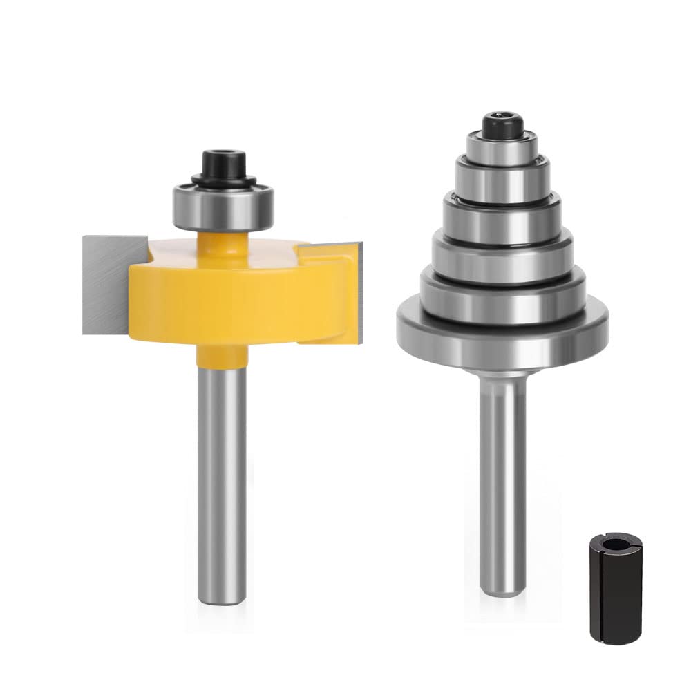 Milling Cutter，Rabbet Router Bit, Rabbet Router Bits with 6 Adjustable Bearings & Collet, 1/4 Inch Shank Multi-Slot Milling Cutter & 1/2" to 1/4" Adapter, Tungsten Carbide Rabbeting Woodworking Tool