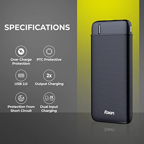 Image of Foxin FPB 147 Poly 10000mAh Power Bank | 12W Fast Charging | Dual USB Output (2.4A) | Type-C & Micro USB Input | LED Indicators | Made in India | Compatible with Smartphones, TWS, Smartwatch & More