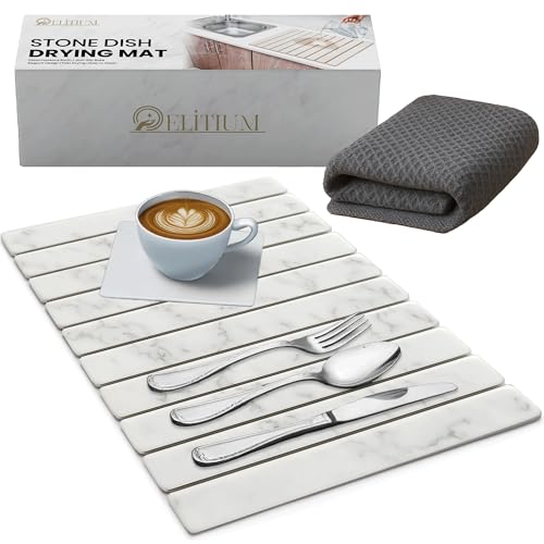Elitium Stone Drying Mat For Kitchen Counter – Quick-Dry Stone Drying Mat with Anti-Slip Base & Microfiber Cloth, White Color, Foldable Design, Versatile Use For Kitchen, Bath, And Pets – 24