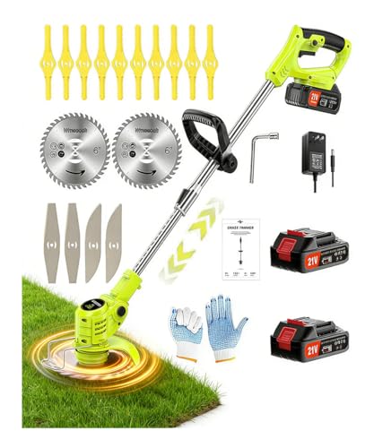 Wrneaoch 21V Cordless Weed Wacker Electric, 650W 6000 RPM Battery Stringless Weed Wacker with 2X 2.0Ah Batteries, Powerful String Trimmer Cordless for Garden & Lawn Care