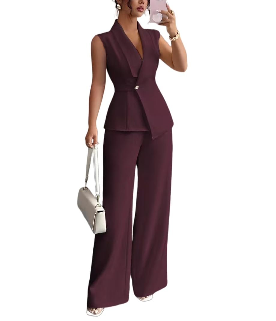 Conjunto Verano Mujer Conjuntos De 2 Piezas Para Mujer Trajes De Oficina Elegantes Blazer Sin Mangas Y Pantalones De Pierna Ancha Conjuntos Casuales Elegantes Para Damas Ideales Para Invitadas A Bod