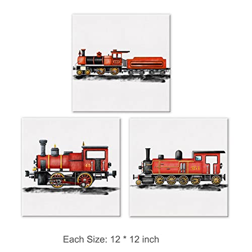 Yuzi-N Set Of 3 Retro Steam Train Nursery Vehicle Art Posters Canvas Wall Art & Tabletop Home Kids Bedroom Decoration, Watercolor Red Locomotive Prints Easel & Hanging Hook 12X12 Inch #TOP1