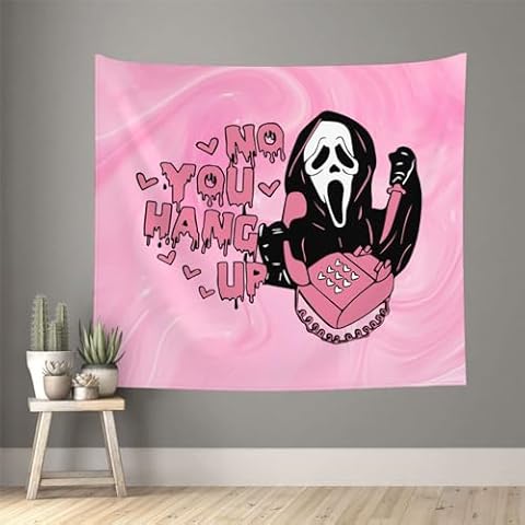 PreLiving Pink Horror Tapestry 60 x 50 Inch - 'No You Hang Up' Funny Ghost Wall Hanging, Romantic Halloween Day Home Dorm Decor Cover