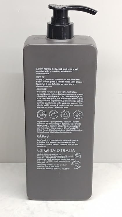 Ciroa, 3 in 1 Wash, Face-Body-Hair, Vanilla & Sandalwood, 33.8 fl oz (1,000ml) Pack of One