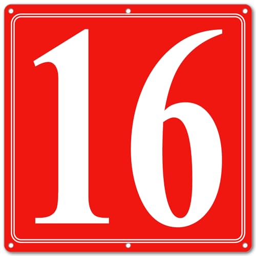 Image of Premium Aluminum Number Signs 16, Metal 12 inch X 12 inch Red Numbered Signs Outdoor for Parking Lots, Floor, Dock, Court, Aisle, Field, High Visibility, No Fade, Weather-resistant