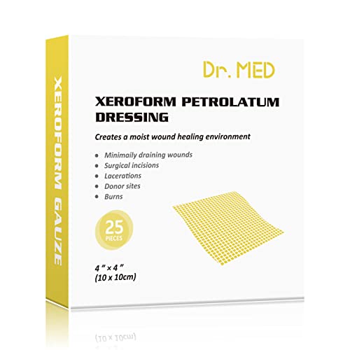 Dr.Med Xeroform - Parche para apósitos de petrolato, 4 x 4 pulgadas, 25 unidades por caja, apósitos de gasa no adherentes, para quemaduras de grosor menor o parcial, laceraciones, sitios receptores de