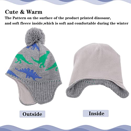 Image of ACTLATI Winter Dinosaur Boy Winter Hat Scarf Mittens Set Warm Beanies Earflap Fleece Pompom Lining Cap for Toddler Kids