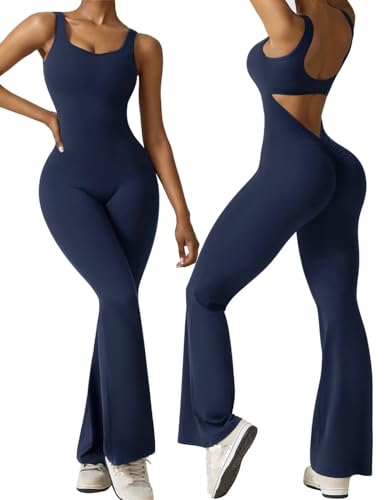 Vertvie Mono Deportivo Mujer Ajustado Jumpsuit Cuello en U Elásticos Body Overol Sexy Mono Yoga Romper Una Pieza de Punto Acanalado para Fitness Yoga Danza（Marina M）