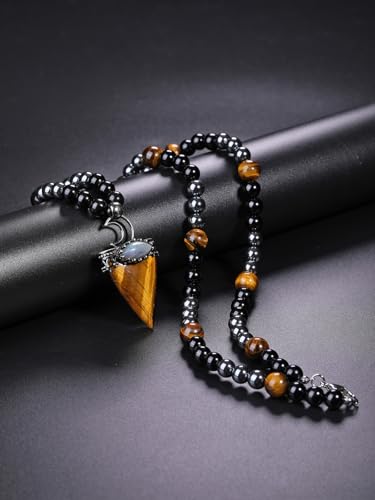 Jovivi Mens Stone Beaded Necklace Natural Tiger Eye Obsidian Hematite Healing Crystal Necklace Triangle Pendulum Pendant Crystal w/Moon3
