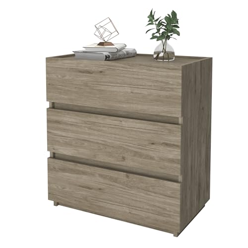 3 Drawer Small Dresser, Wooden Stackable Chest of Drawers, Modern Nightstand with Three Wide Drawers, Grey Oak Dresser for Bedroom, Closet, Livingroom, Entryway