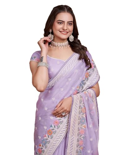 Image of VAIRAGEE Women Soft Organza Embroidery Traditional Flower Pattern Beautiful saree with unstitched blouse piece (6159)