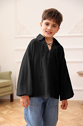 Boys Kids Medieval Pirate Shirt Viking Renaissance Lace Up Mercenary Halloween Scottish Jacobite Ghillie Tops #TOP2