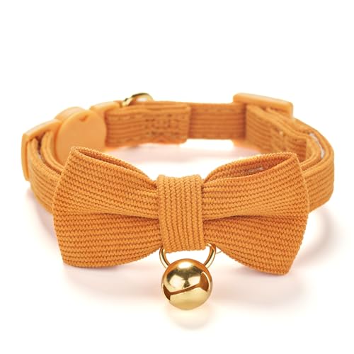 Petiry Soft Corduroy Cat Collar, Plaid Pattern, with Bell and Bowtie, Safety Breakaway Clasp, Adjustable for Kitten and Cats Orange Color.
