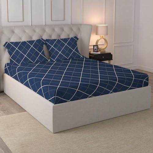 Image of LOOMLYFE 300 TC Cotton Feel Glace Cotton Elastic Fitted Printed Queen Size Double Bed Bedsheet with 2 Pillow Covers Fits Upto 8 inches,Size- 60x78x10 Inches, Blue White Lines